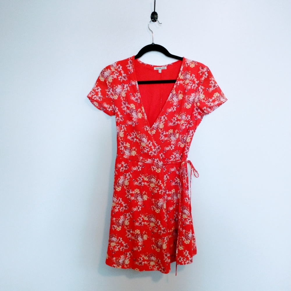 Charlotte Russe wrap style mini dress, red floral v neck dress with shirt sleeve